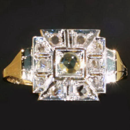 Art Deco ring with rose cut diamonds and made in 18K two tone gold